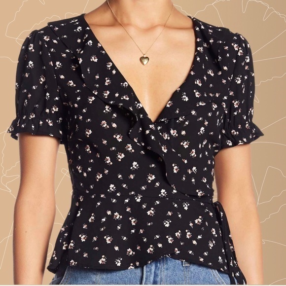 Tops - Floral Black Wrap Top
